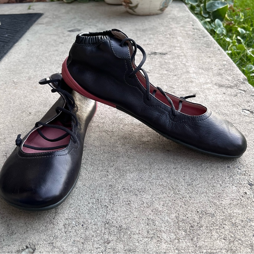 Camper Black Leather Women's Flats with Red Accents